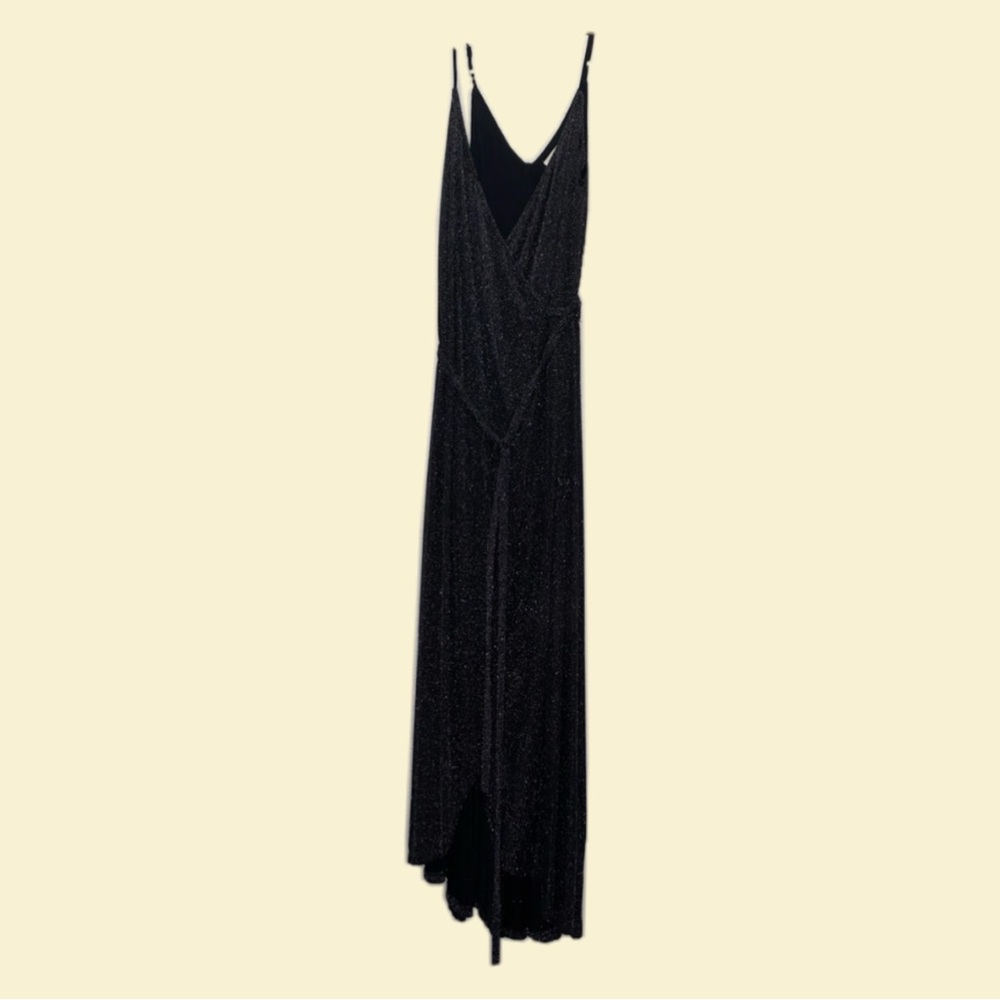 Maxi, high-low, glittery, shiny, straps, wrap dress